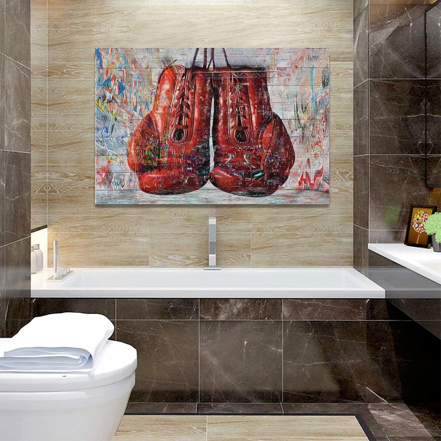 Quorin Banksy Graffiti Boxing Wall Art Red Boxing Gloves Pictures Gym Sport Wall Decor Canvas Print Painting Artwork for Gym Living Room Bedroom 16"x24"