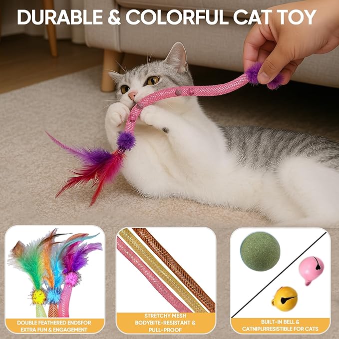 Cat Toys for Indoor Cats with Catnip – 2 Pack Feather Elastic Mesh Chew with Pom-Pom Cat Toys, 19.5 Inch Durable Kitten Teething Cat Toy Bundle with Bells
