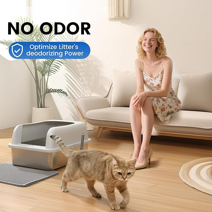 Stainless Steel XL Cat Litter Box for Big Cats- Metal Extra Large Litter Box with Lid, Include Metal Litter Scoop,Mat. High Sided with Guard Prevent Splashing. No Smell, Always New After Clean.