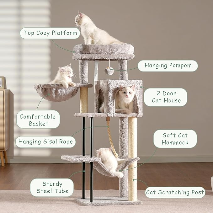 Cat Tree, Cat Tower for Indoor Cats, 43.3 inch Cat Tree Tower with Sturdy Steel Tube, Cat Hammock, Cat Condo for Small Cats and Kittens, Cat Scratching Post, Light Gray GCT004SW
