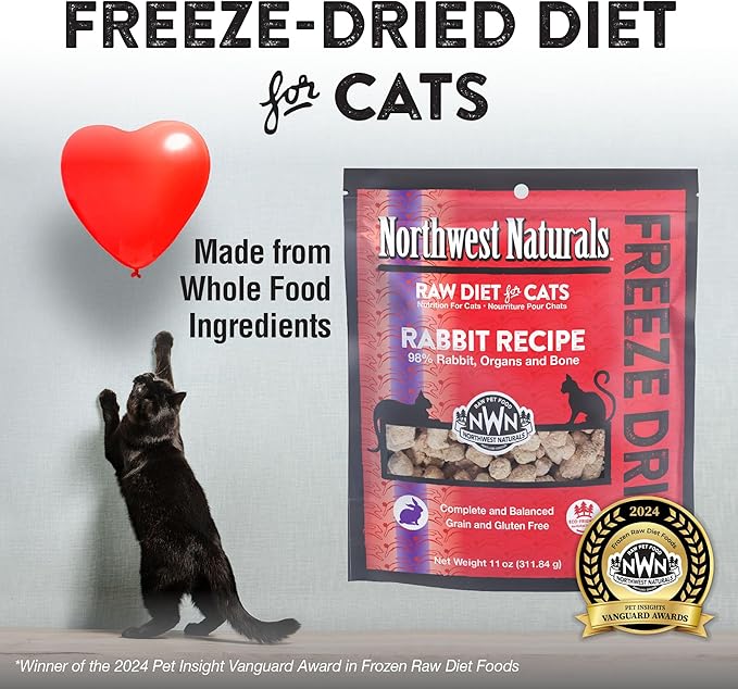 Northwest Naturals Freeze-Dried Rabbit Cat & Kitten Food – Bite-Sized Nibbles – Healthy, Limited, Human-Grade Ingredients, All-Natural, High-Protein Raw Diet – Complete & Balanced – 11 oz (Pack of 3)