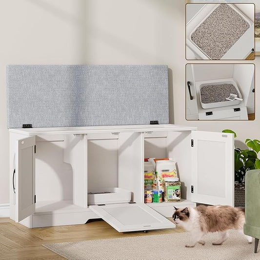 Vabches Cat Box Litter Enclosure with Cushion, Flip Top Cat Litter Box Furniture with Storage, Farmhouse Indoor Cat House with 3 Doors, Pet Washroom Hidden Litter Box, White