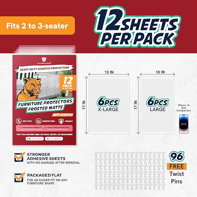 Panther Armor Frosted Matte Cat Scratch Furniture Protectors, 12-Packs Heavy Duty Anti-Scratch Couch Protector, Keep Cats from Clawing Furniture