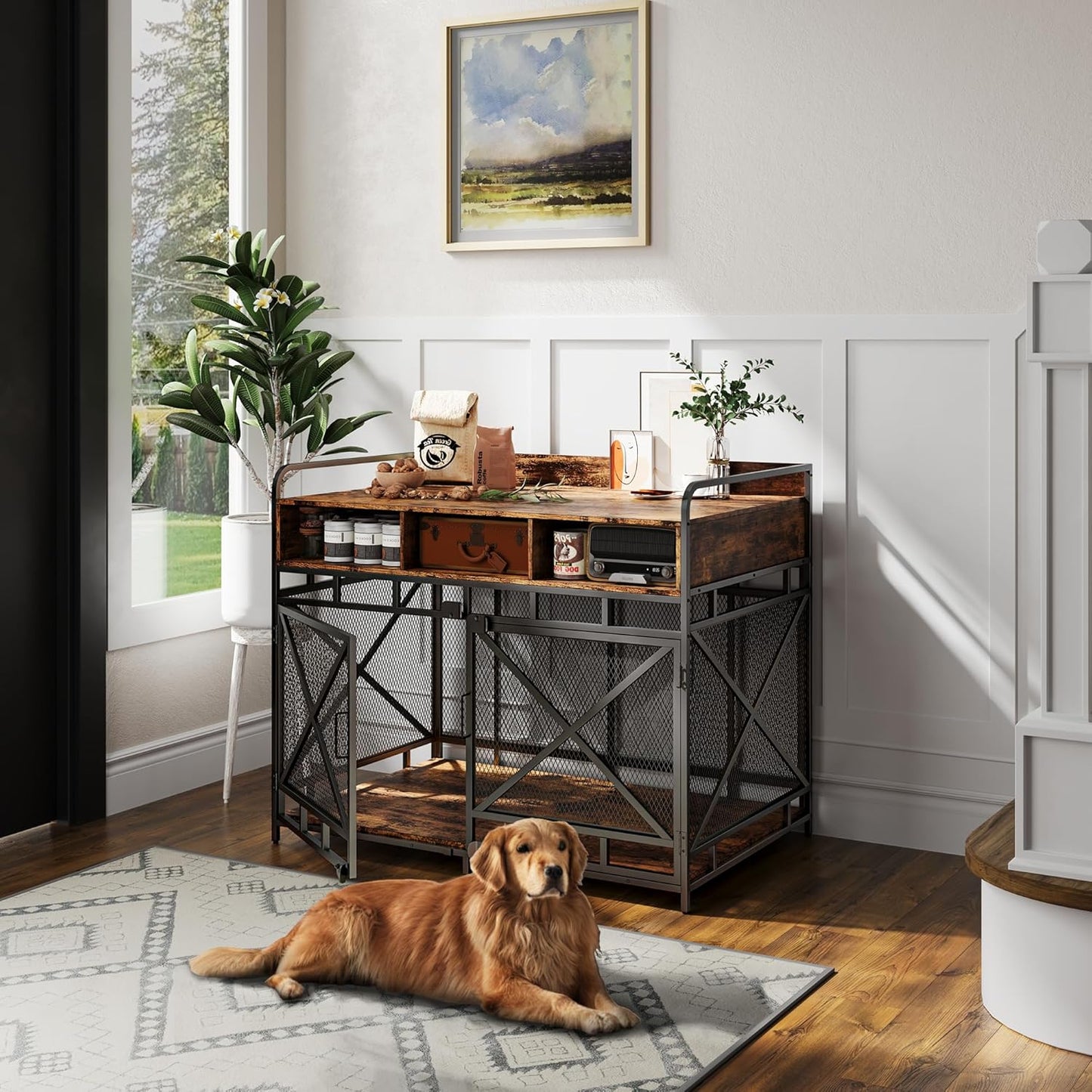 Dog Crate Furniture, 43" Heavy Duty Wooden Dog Crate End Table, XL Dog Kennel Furniture Large Breed, Decorative Dog Kenne Indoor with 3 Drawers & Steel Tubes 43" L x28 W x36 H (Rustic Brown)