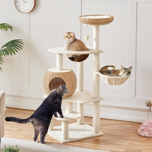 Yaheetech 54in Rattan Cat Tree, Modern Tower with Breathable Woven Condo, Scratching Posts & Washable Cushions, Naturally Cool in Summer, Cute Furniture for Indoor Cats
