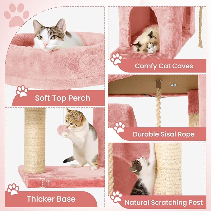 58.5inch Large Cat Tree Tower Condo for Indoor Cats, Soft Plush Multi-Level Climbing Tree Cat House with 1 360° Rotating Cat Cave, Scratching Post, More Entrance/Exit, Sisal Rope, Pink