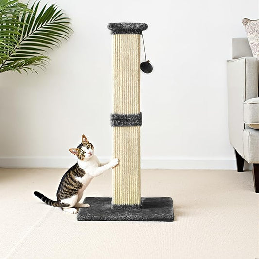 Cat Scratching Post with Hanging Toy Ball, 32-Inch Tall Sisal Cat Scratcher for Indoor Cats, Grey