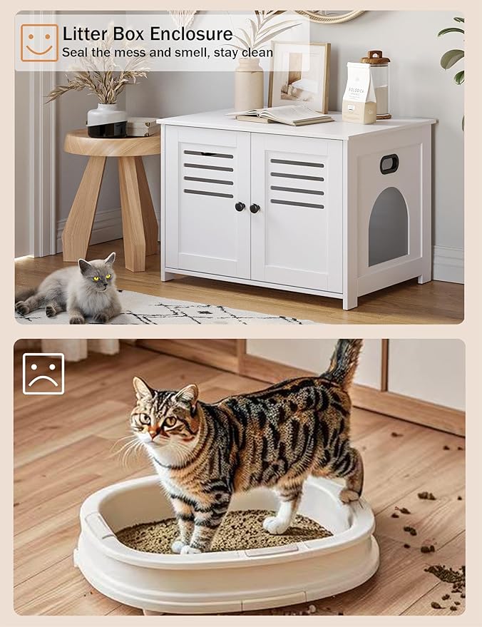 DINZI LVJ Litter Box Enclosure, Cat Litter House with Louvered Doors, Entrance Can Be on Left or Right, Large Hidden Cat Washroom for Most of Litter Box, Furniture Cabinet, White