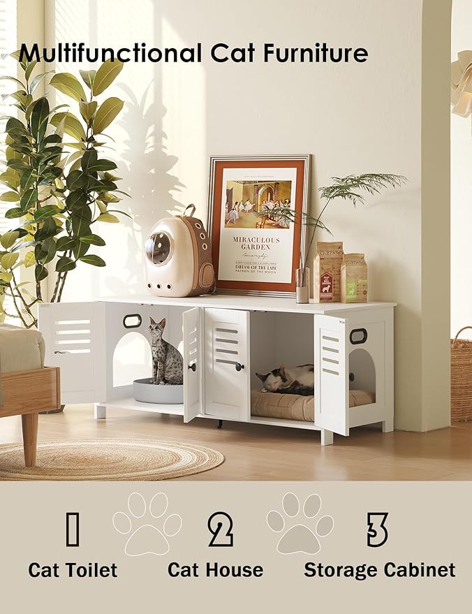 DINZI LVJ Litter Box Enclosure for 2 Cats, Hidden Litter Box Furniture with Double Rooms, Dual Cat Litter House, Front Doors, 47.2" Wooden Hidden Cat Washroom, Side End Table, TV Stand, White
