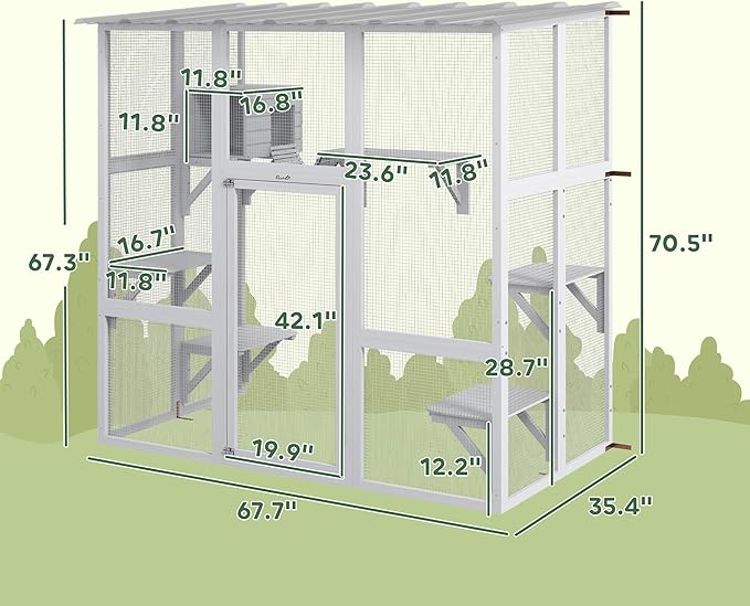 PawHut Catio Outdoor Cat Enclosure Window Box, Wooden Cat House Playground with Scratching Posts, Weather Protection Roof for 1-2 Kitties, Resting Boxes, 68" x 35.5" x 70.5", White