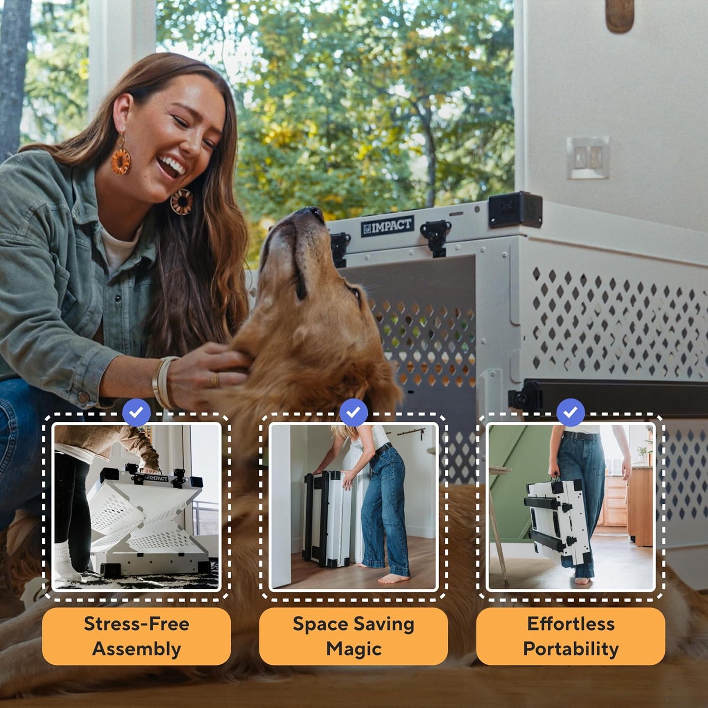 Impact Collapsible Dog Crate - Foldable Hard Crate for Extra Large Dogs - Heavy Duty Travel Kennel with Powder-Coated Aluminum - Quick Setup for Indoor & Outdoor (Black, 40"+ (40.5" L x 27.5”W x 34" H