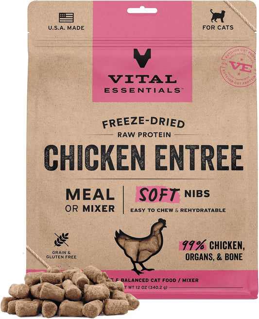 Vital Essentials Freeze-Dried Raw Chicken Meal or Mixer Cat Food Soft Nibs | 99% Chicken, Organs & Bone | 12 oz