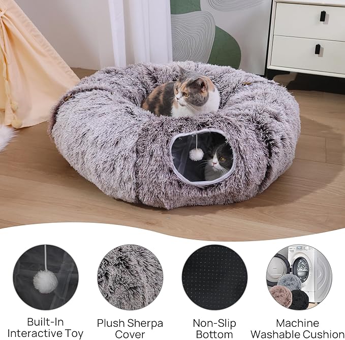Plush Cat Tunnel Bed for Indoor Cats with Soft Cushion, Multi-Shape Play Cave with Hanging Balls, Large and Foldable Cat Donut Tunnel for Small and Large Pets (Brown)