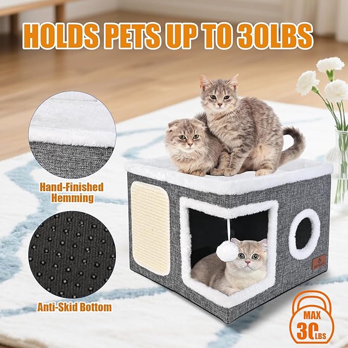 Cat Beds for Indoor Cats - Foldable Cat Hideaway with Hanging Fluffy Ball and Scratch Pad, Large Cat Bed Cave with Reversible Cushion for Multi Small Pet Kitten, Grey