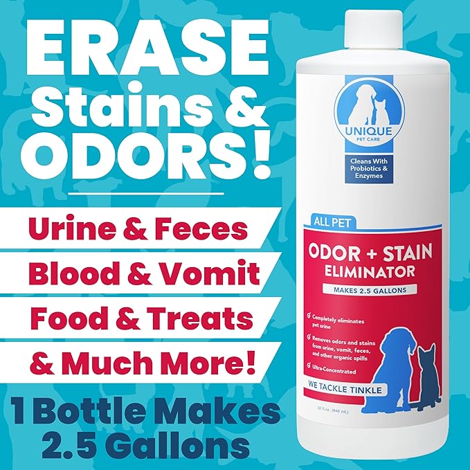 Unique Pet Odor and Stain Eliminator Liquid Concentrate - Makes Over 10 Gallons - Eliminates Pet Odors and Stains (128 oz)