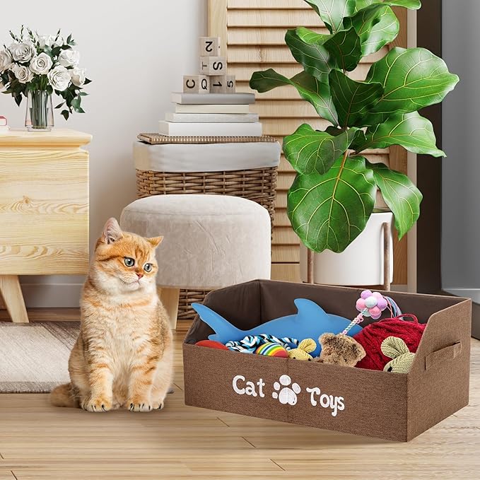 2X Thicker Large Cat Toy Bin - Collapsible Box, Sturdy Basket, Kitten Storage Bed for Organizing Toys, Treats, Clothes and Accessories (Brown)