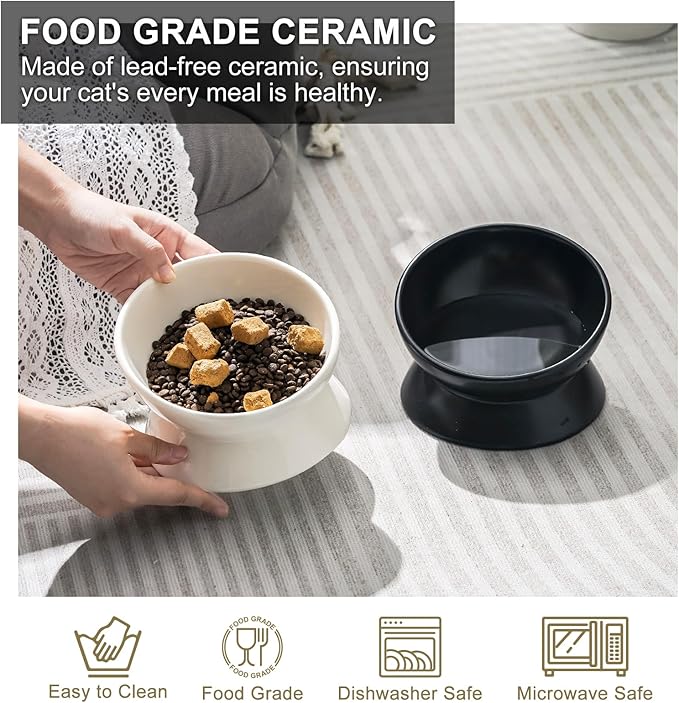 YauYik Ceramic Raised Cat Bowl - Cat Food Bowl Elevated Tilted for Short Leg Cats and Small Dogs - 6 Inches Whisker Friendly Pet Bowl Dish, Reduce Neck Burden Feeding Bowl, Black, 10 Oz