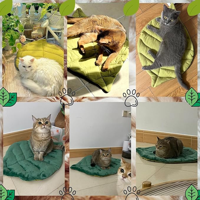 Leaf Shaped Self-Warming Cat Bed Mat – 26"x20" Flannel & Cotton Pet Pad, Warm Pet Cat Mat for Indoor, Soft Kitten Cushion & Puppy Mattress (Green)