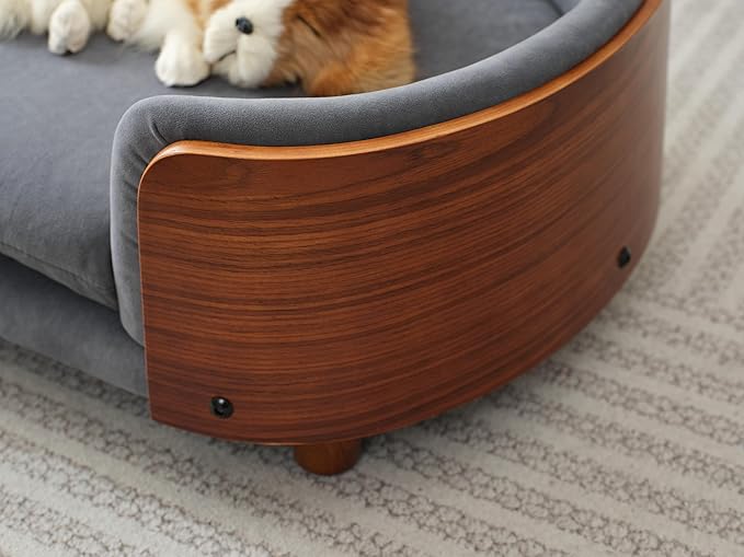 HomSof 30.7" Scandinavian Style Elevated Dog Bed Pet Sofa with Solid Wood Legs and Bent Wood Back,Velvet Cushion,Mid Size,Grey+Brown