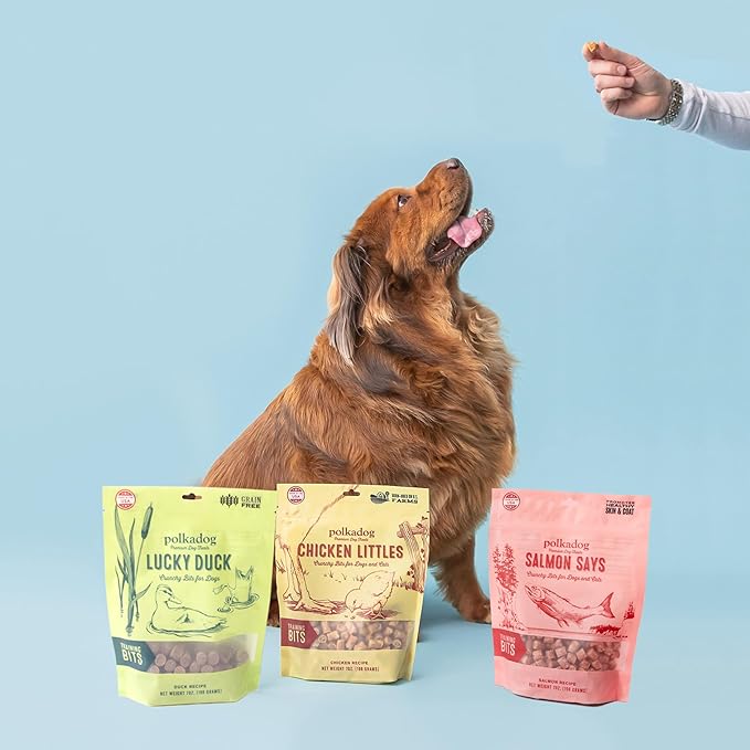 Polkadog Crunchy Training Bits Variety 3-Pack – Includes Chicken Littles, Lucky Duck, Salmon Says – All Natural Training Treats, Handcrafted in USA. Great for Dogs with Allergies – 7oz (Pack of 3)