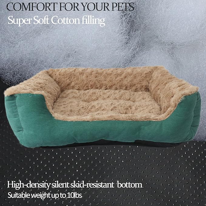 Dog Beds for Extra Small Dogs Washable, Cat Beds for Indoor Cats Super Soft 18"X14" Rectangle Anxiety Kitten Pet Bed with Anti Slip Bottom Plush Snuggler Puppy Sofa Up to 10 Lbs,Green