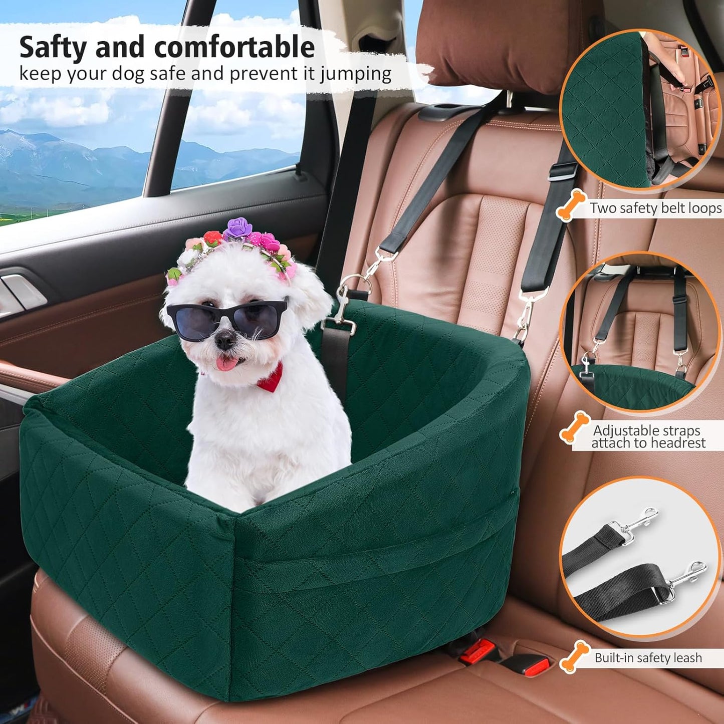 Dog Car Seat for Small Medium Dogs,Detachable Washable Dog Booster Seat Under 30lbs, Pet Car Seats Travel Bed with Storage Pockets and Safety Belt(Green)