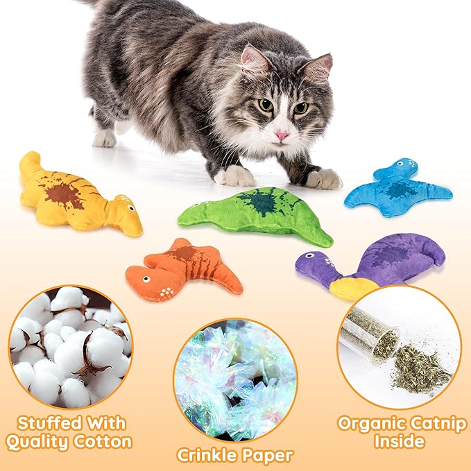 Catnip Cat Toys, 5Pcs Dinosaur Catnip Toys for Cat, Catnip Crinkle Sound, Soft and Durable, Interactive Kitten Kicker for Indoor Kitty for All Breeds