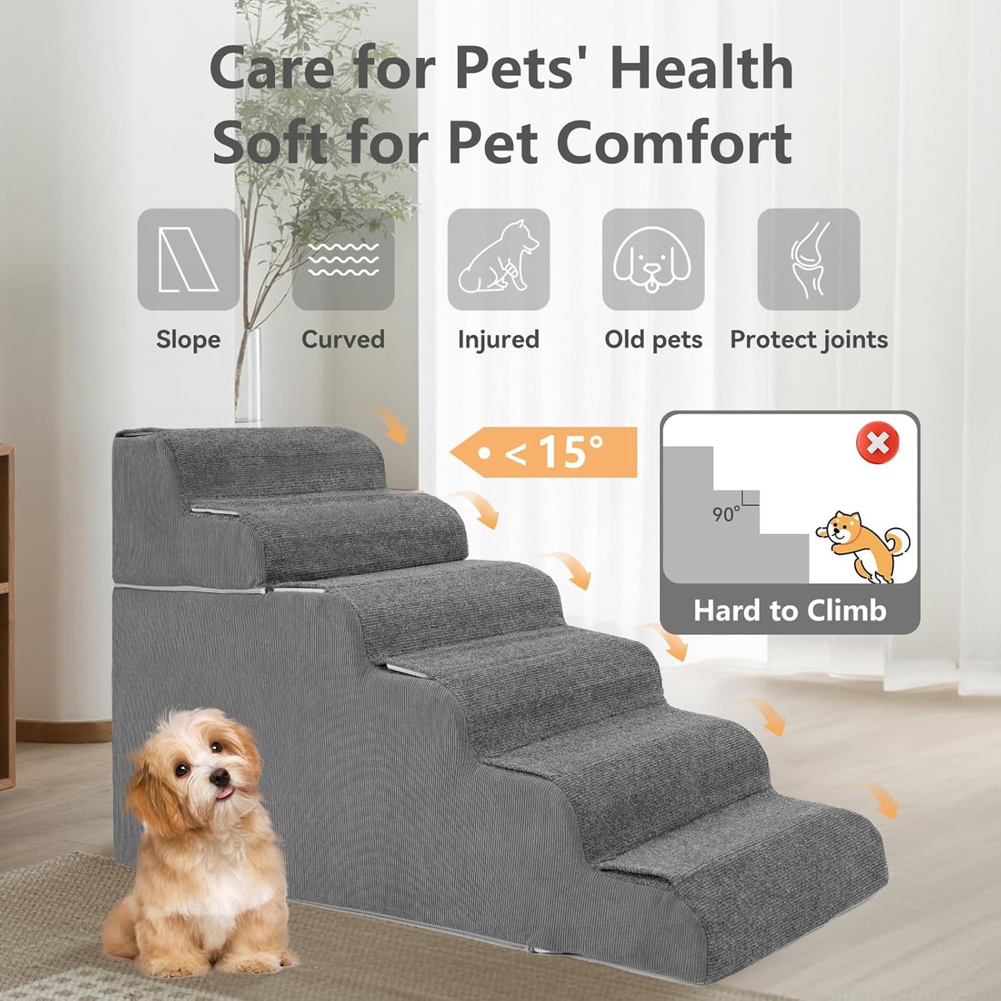 ABORON 𝟲 𝗦𝘁𝗲𝗽𝘀 Dog Steps for High Bed, 26 Inch High Dog Stairs for Small Dogs, Waterproof Pet Stairs for Small Old Large Dogs and Cats with Removable Cover & PE Support Board for Bed/Car/Couch