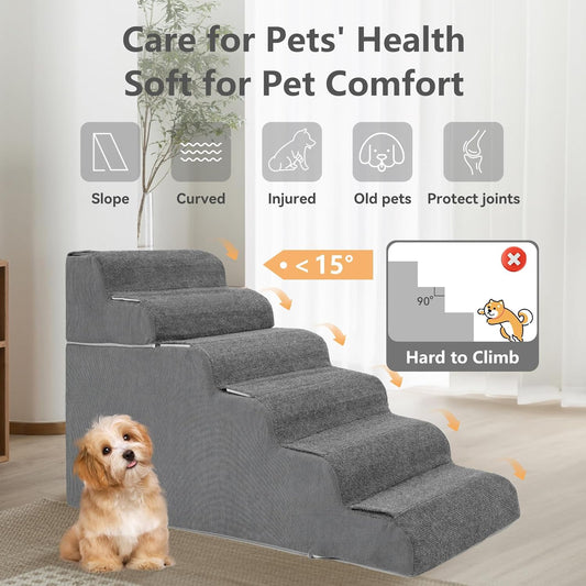 ABORON 𝟲 𝗦𝘁𝗲𝗽𝘀 Dog Steps for High Bed, 26 Inch High Dog Stairs for Small Dogs, Waterproof Pet Stairs for Small Old Large Dogs and Cats with Removable Cover & PE Support Board for Bed/Car/Couch