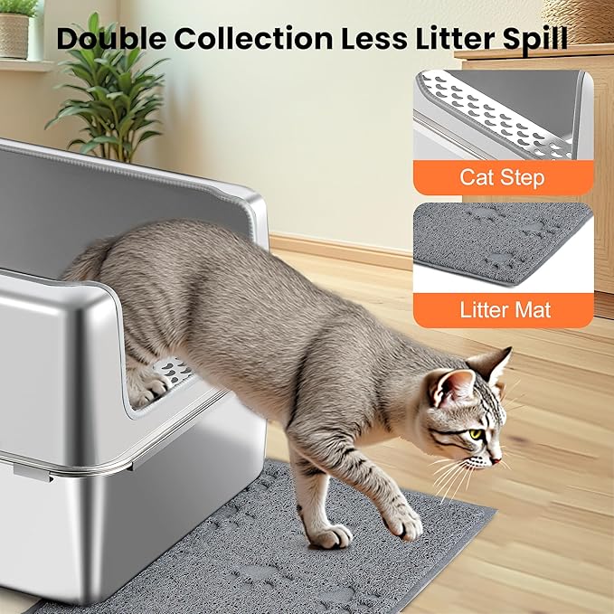 Stainless Steel Litter Box with Metal Lid and Scoop - Enclosed Metal Litter Box for Large Cats, Rust-Resistant, Odor-Control, Easy to Clean, Durable & Long-Lasting with Round Edge (XXL)