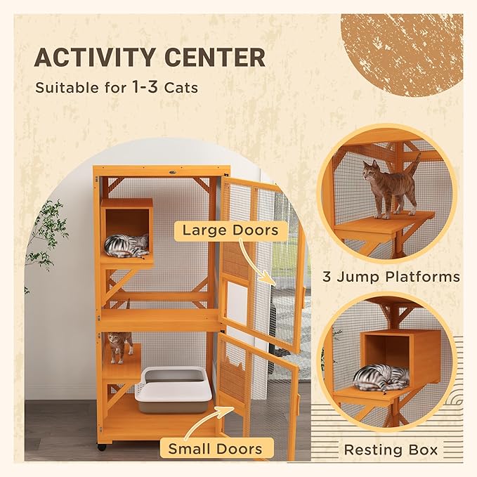 PawHut Wooden Catio with Waterproof Roof, Large Cat House with High-Up Resting Box, Indoor & Outdoor Cat Enclosure with Wheels, for 1-3 Cats, Orange