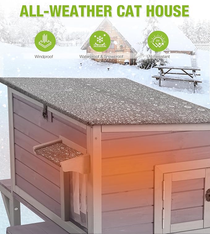 GUTINNEEN Insulated Outdoor Cat House with 0.78" Thick Liner - 6-Side All-Around Insulation, 3 Escape Doors & Elevated Moisture-Proof Base - Weatherproof Feral Cat Shelter