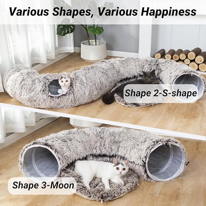 LUCKITTY Warm Fluffy Plush Cat Dog Tunnel Bed with Washable Cushion-Big Tube Playground Toys 3 FT Diameter Longer Crinkle Collapsible 3 Way, for Indoor Cat Kitty Kitten Puppy Rabbit Ferret Brown