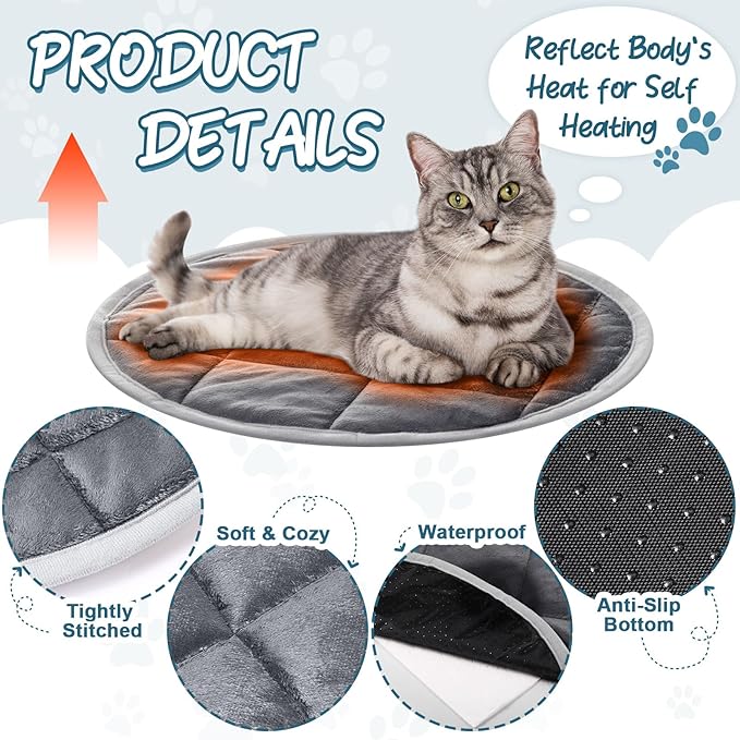 2 Pcs Cat Heating Pad Round 16 Inch Self Heating Cat Mat Washable Heated Bed Anti Slip Warming Pad Pet Bed Mat for Kennel Dog Crate Indoor Outdoor(Gray,16 Inch)