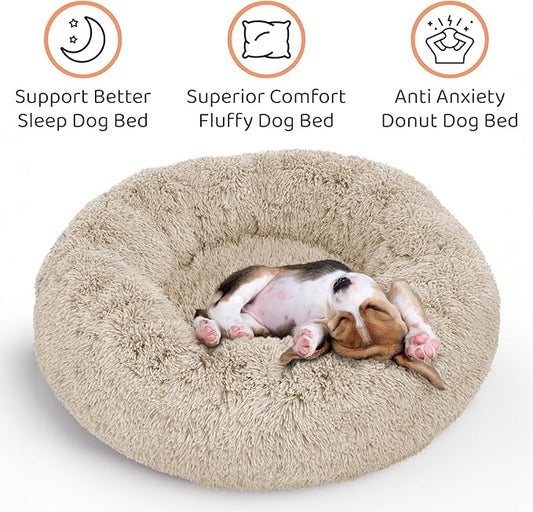 Donut Dog Bed - Premium Comfort for Anxiety Relief - Fluffy & Calming Design with Ultra-Plush Support | Cozy Round Dog Bed with Super Soft Circle Style (Size M Beige)