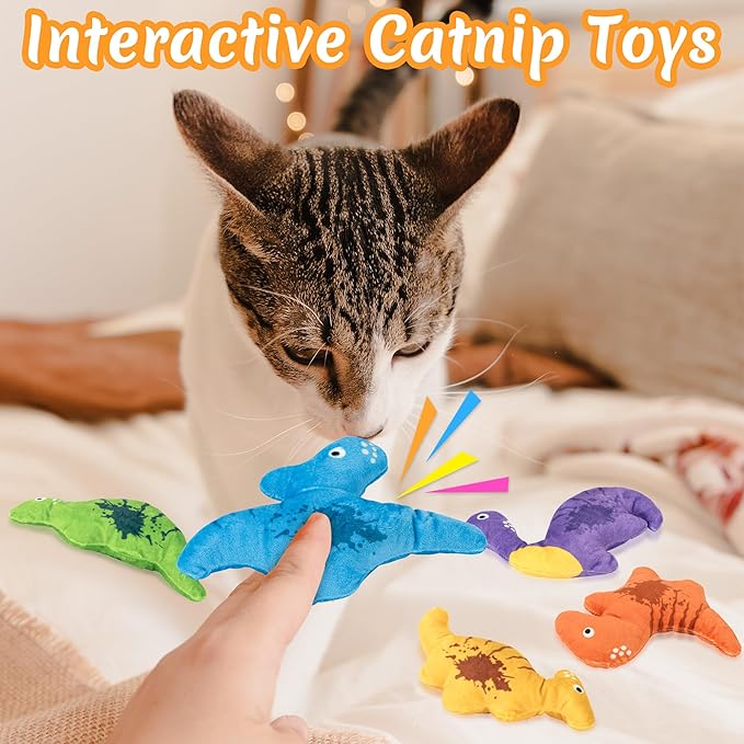 Catnip Cat Toys, 5Pcs Dinosaur Catnip Toys for Cat, Catnip Crinkle Sound, Soft and Durable, Interactive Kitten Kicker for Indoor Kitty for All Breeds
