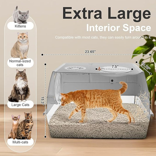 Stainless Steel Cat Litter Box with Lid, XL Extra Large Kitty Litter Box, Enclosed Top Entry Metal Litterbox for Big Cats, Easy Cleaning, Anti-Leakage & High Sided with Mat, Aisle & Scoop Medium Grey