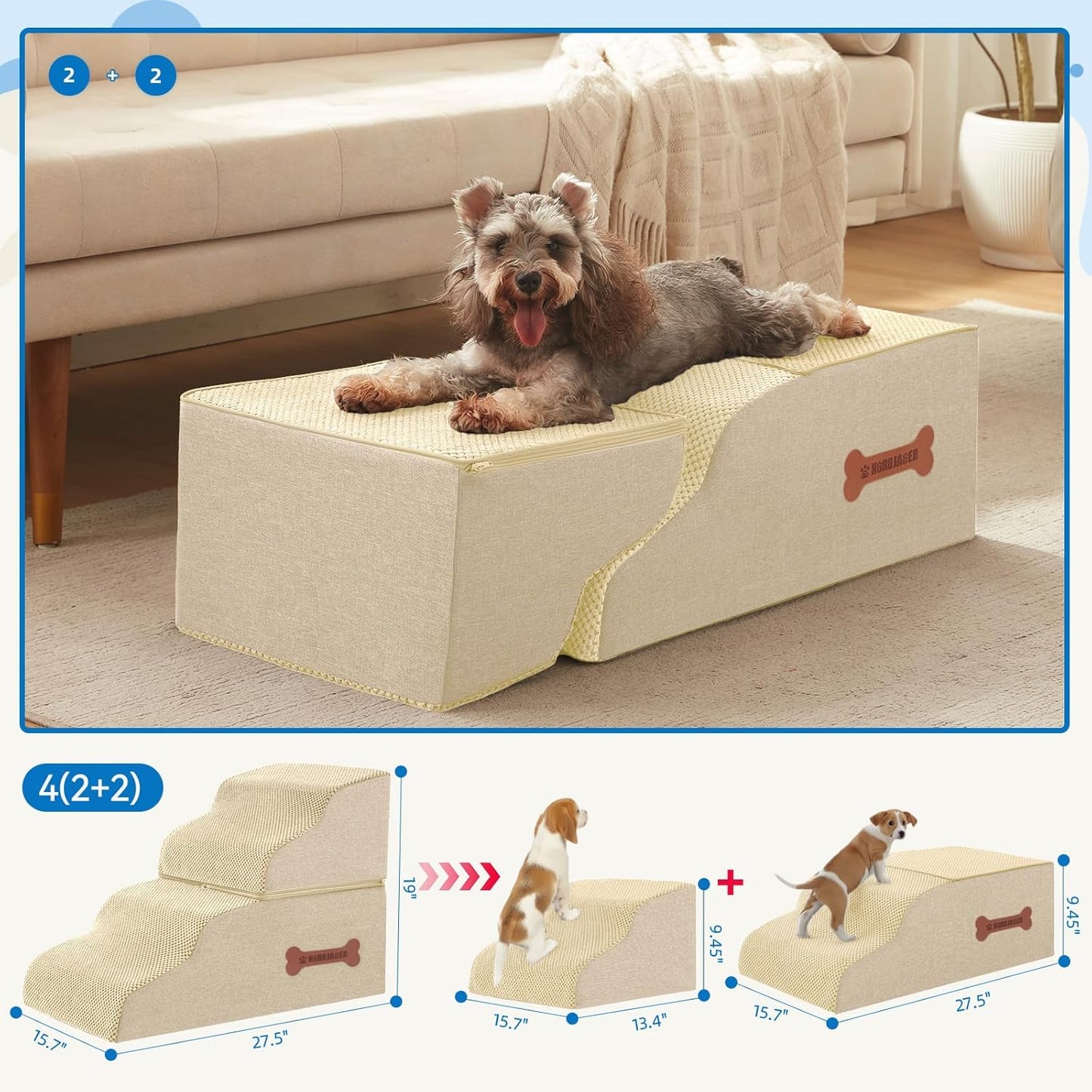 Dog Stairs 4 Steps for Small Dogs and Cats to Get on High Beds, Couch or Car, Pets Can Climb, Sit, Lie Down or Perch to Look Out Windows on The Spliceable Ramp, Provides Support, Beige（19" H）