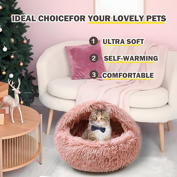 Cat Bed for Indoor Cats, Calming Cozy Cave with Self-Warming Plush, Entire Bed Machine Washable & Anti-Slip Base, Breathable Pet Bed for Small Cats&Dogs All Seasons (Leather Pink, 20 * 20inch)