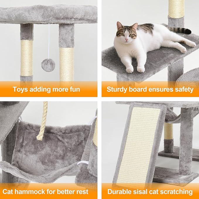 Large Cat Tree,65-inch Tall Multi-Level Cat Tower with Sisal-Covered Scratching Posts, Condo, Hammock, Dangling Ball,Light Grey