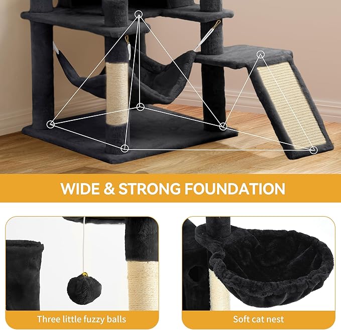 YITAHOME Tall Cat Tree for Indoor Cats, 75 inch Multi-Level Cat Tower with Cat Condos, Top Perches, Sisal Ramp Scratching Posts, Cozy Basket, Hammocks, Large Cat Pet Activity Structure, Black