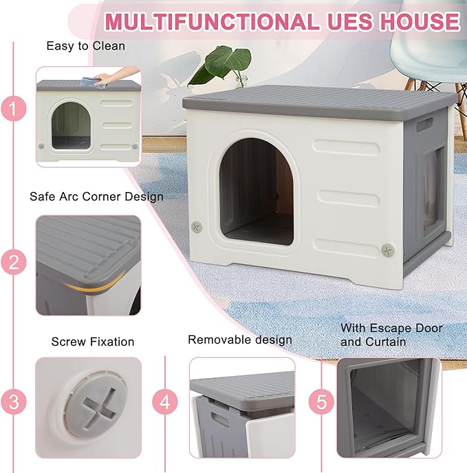 Hicaptain Cat Houses for Indoor Cats with Escape Door Plastic Outdoor Cat House Puppy Feral Cat Shelter for Small Medium Pets-Grey