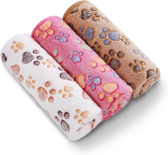 1 Pack 3 Blankets Super Soft Fluffy Premium Fleece Pet Blanket Flannel Throw for Dog Puppy Cat Paw Brown/Pink/White Small(23x16 inch)