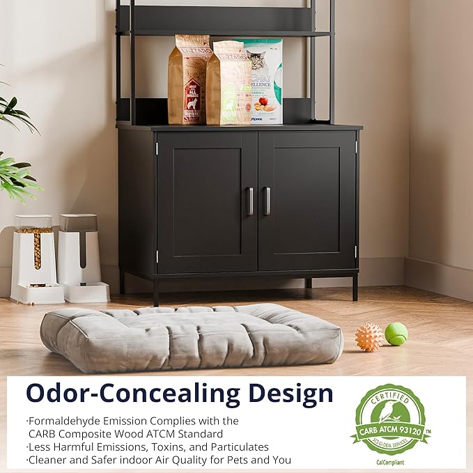 Cozy Castle Litter Box Enclosure, 57'' Cat Litter Box Furniture with Large Cabinet, Shelves and 4 S-Hooks, Hidden Cat House for Most of Litter Boxes, Wooden Pet Washroom Indoor, Black