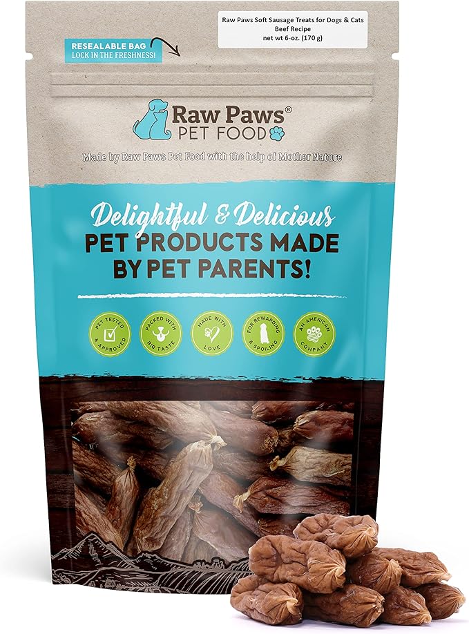 Raw Paws Grain-Free Soft Sausage Treats for Dogs & Cats - Beef Recipe, 6-oz - Made in USA - Great for Training Puppies or as a Reward - Beef Jerky for Dogs - Soft Cat Treats