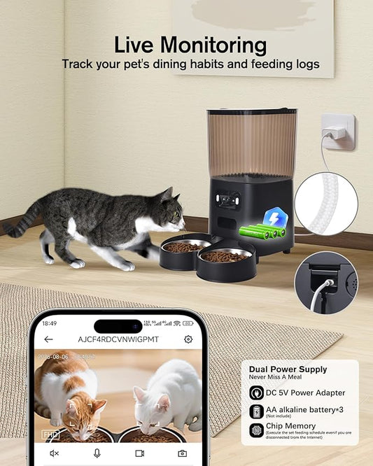 Automatic Cat Feeder, Camera Auto 2 Cats Dispenser 5L Microchip WiFi 2.4G&5G Timed Dual Pet Smart APP Dry Food Self Feeding Container Station(Black, 2 Bowls)
