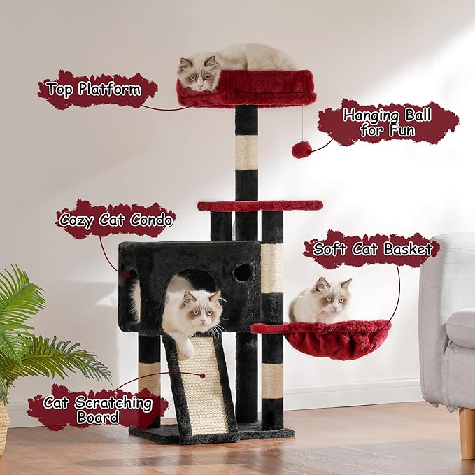 Cat Tree, 41.3" Cat Tower for Indoor Kittens with Scratching Board and Posts, Multi-Level Cozy Cat Condo with 2 Perches, Hammock, Balls, Black and Red GCT005SBR