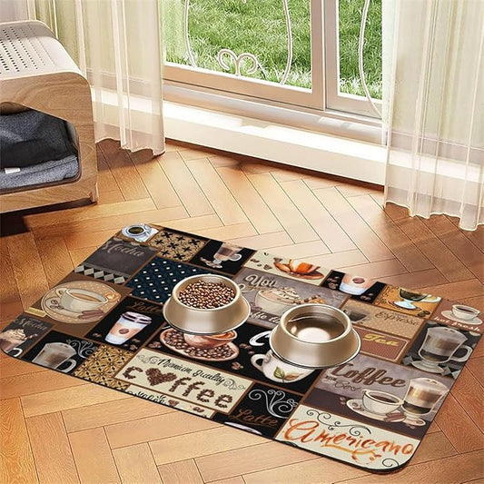 Boho Coffee Dog Food Mat Absorbent Bowl Mats No Stains Quick Dry Waterproof Pet Cat Placemats for Food and Water, 30x45cm
