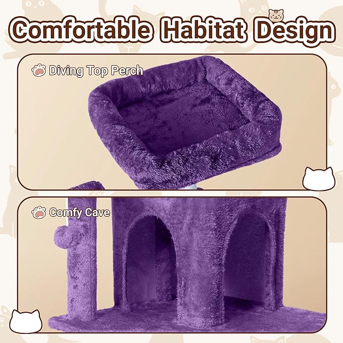 Cat Tree, 54-Inch Cat Tower for Indoor Cats,Plush Multi-Level Cat Condo with Scratching Posts, Basket, Perches,2 Caves,2 Pompoms(Purple)