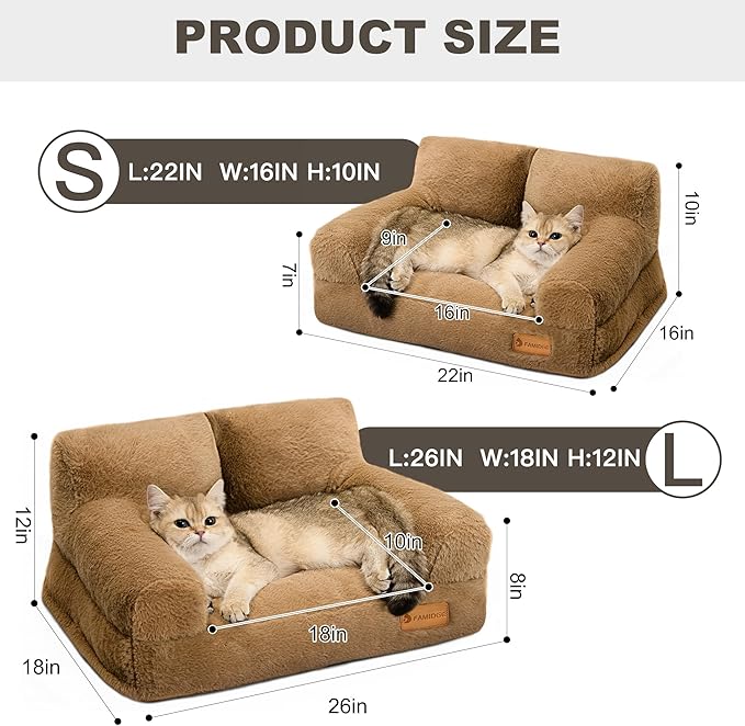 Cat Couch Bed - Cat Bed for Indoor Cats, Calming Pet Sofa Puppy Sleeping Bed with Removable Washable Cover, Cute Dog Couch and Kitty Lounge Chair for 20lbs Cats & Small Dogs(Brown)